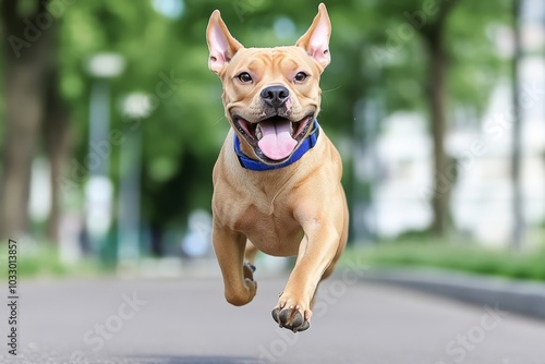 A playful Pitbull running through a park, tongue out and ears flapping in excitement photo