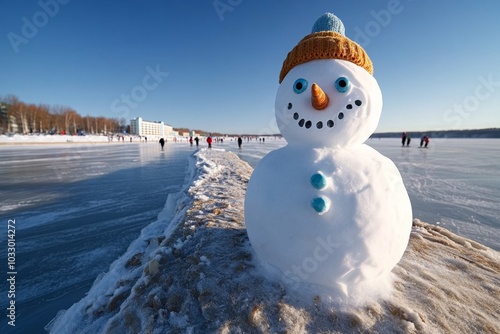 A snowman at the edge of a frozen lake, with skaters in the background