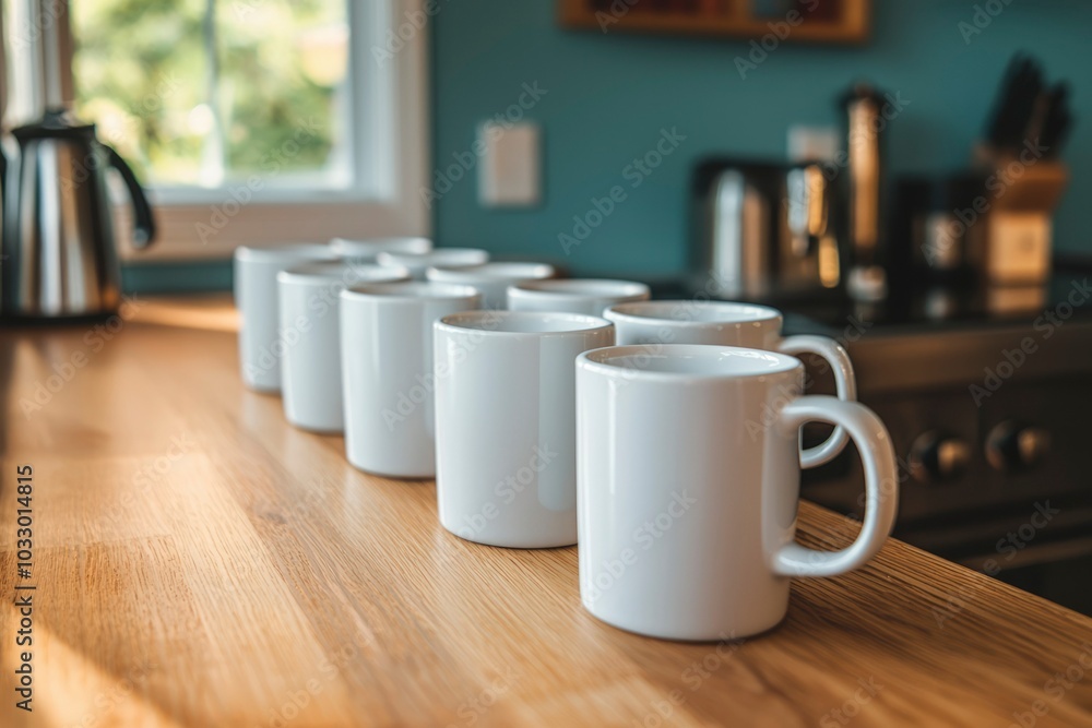 White Coffee Mugs Lined Up on Wooden Countertop