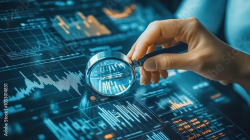 Examining Fraudulent Activities â€“ Auditor Investigating with Magnifying Glass from Top-Down Viewpoint
