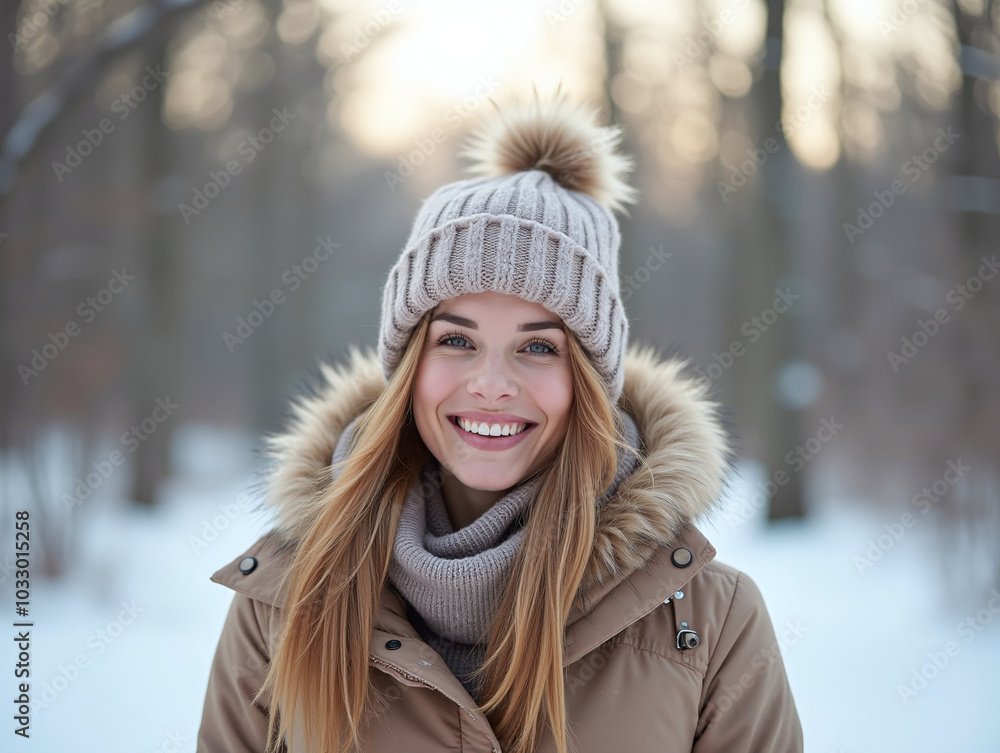 Smiling adult woman beauty in winter cheerful looking at camera Smiling adult woman beauty in winter cheerful looking at camera