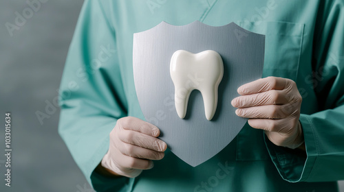 Dentist holding a shield with a tooth symbol, promoting dental health and protection. photo