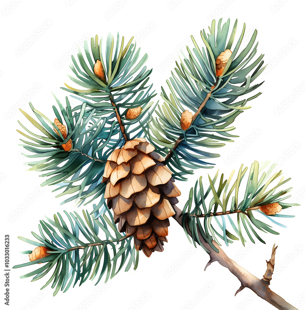 Pine cone on a pine tree branch, a watercolor illustration isolated on a white background Pine cone on a pine tree branch, a watercolor illustration isolated on a white background