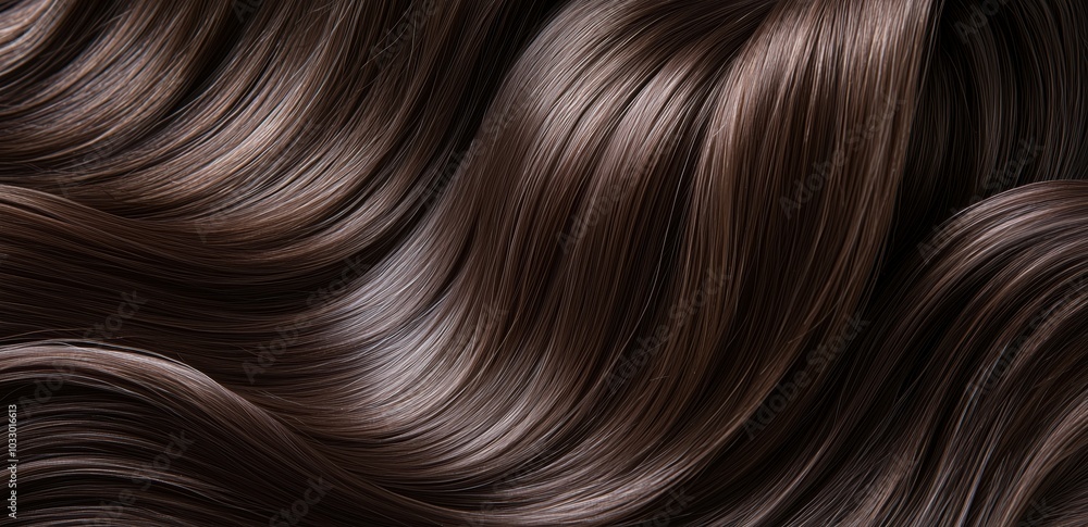 Naklejka premium A close-up of smooth, shiny brown hair flowing in sleek waves, capturing the vibrant and healthy texture.