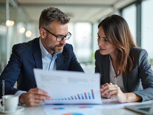 Two business people, a business man and a business woman, engage in a discussion as they read a financial report together