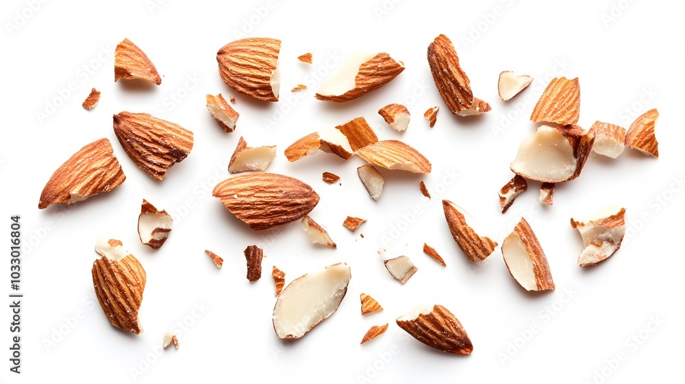 Almonds is torn to pieces close-up on white background. Almonds is torn to pieces close-up on white background.