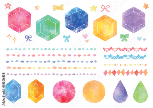 水彩風のかわいい宝石風素材と飾りラインのセット