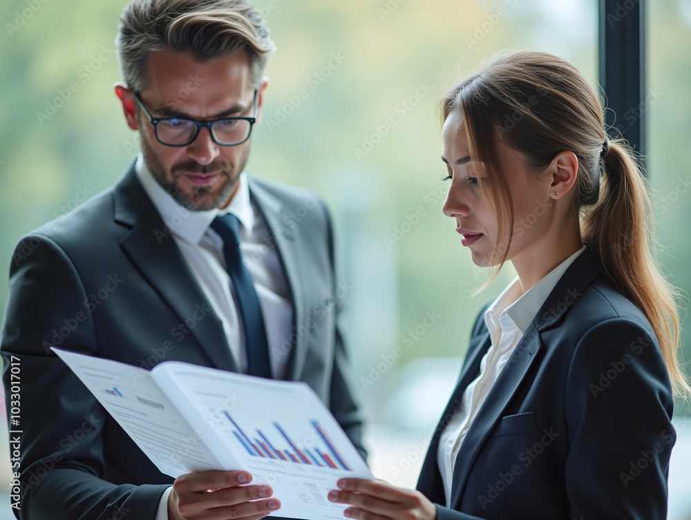 Two business people, a business man and a business woman, engage in a discussion as they read a financial report together Two business people, a business man and a business woman, engage in a discussion as they read a financial report together
