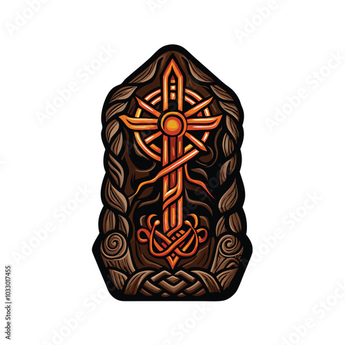 Create a realistic vector illustration of a Viking rune with a sword design.