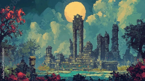 A 2D Pixel Art Dark Fantasy Game Level Ancient Ruins at Sunset with Towering Structures and Dramatic Clouds in Retro Gaming Aeshtetic photo