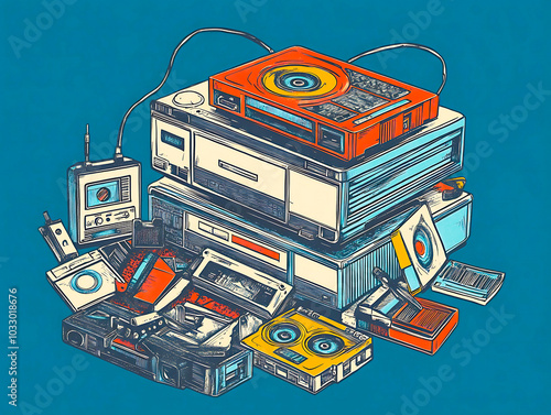 Clean and simple illustration representing 90s memories through iconic items like cassette tapes and analog devices, negative space highlights
