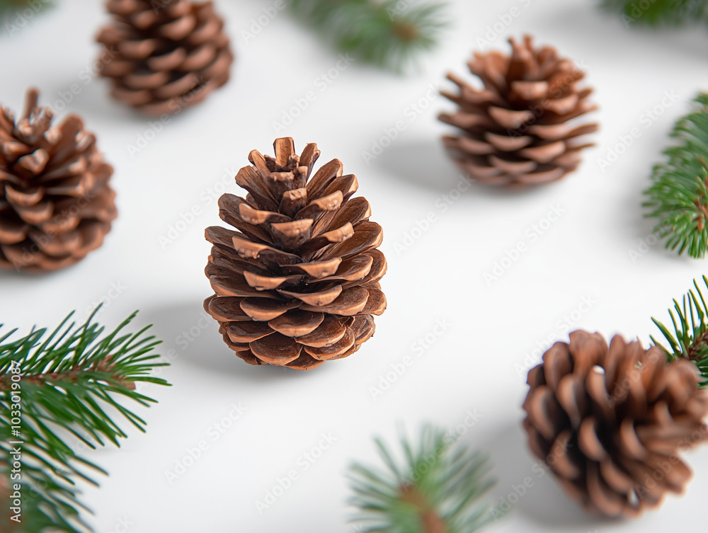 High-quality, minimalist close-up of pine cones and evergreen branches on a plain white background, perfect for winter and holiday themes High-quality, minimalist close-up of pine cones and evergreen branches on a plain white background, perfect for winter and holiday themes