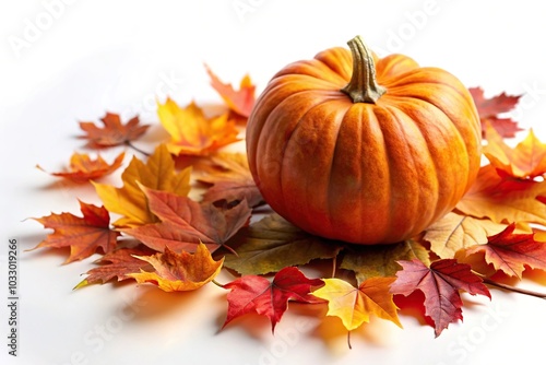 Abstract composition of asymmetrical pumpkin and fall leaves on white background