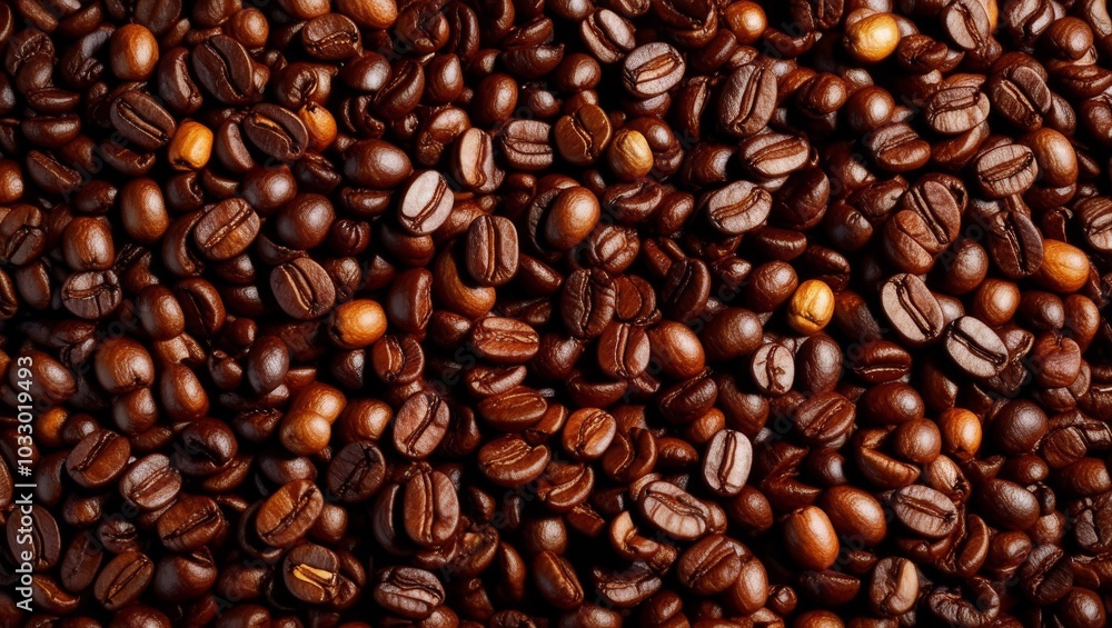 Dense spread of roasted coffee beans filling the frame as a textured backdrop Dense spread of roasted coffee beans filling the frame as a textured backdrop