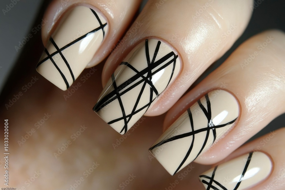 Close-up of a Hand with Nude Nails Decorated with Black Lines Close-up of a Hand with Nude Nails Decorated with Black Lines