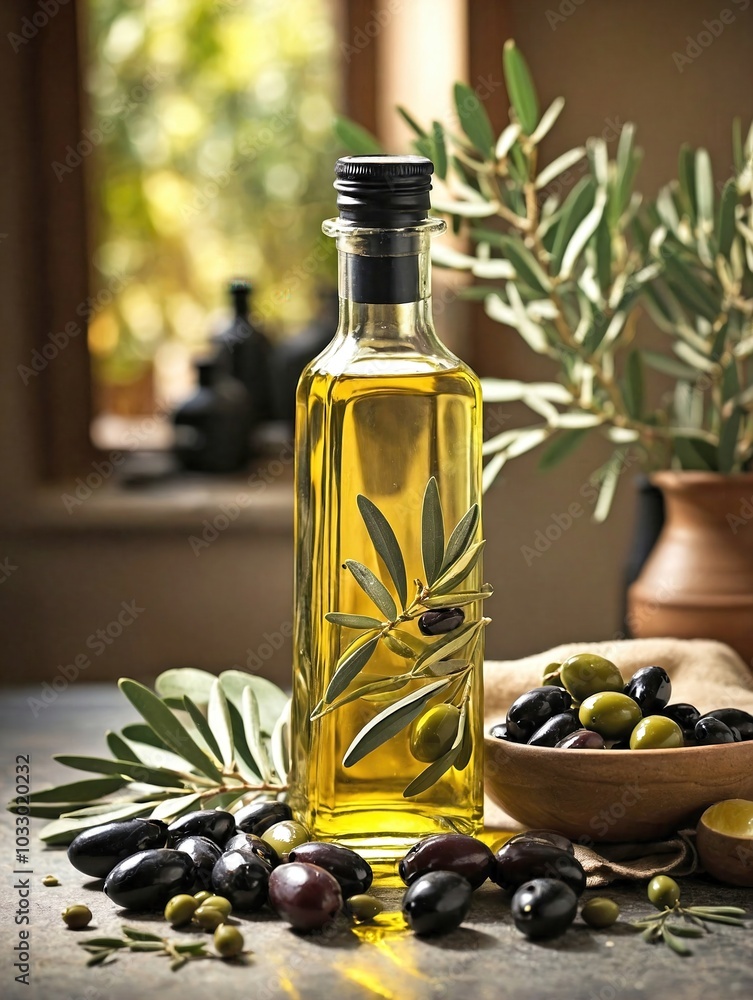 A glass bottle of olive oil sits on a stone countertop, with a small pile of green and black olives next to it. A glass bottle of olive oil sits on a stone countertop, with a small pile of green and black olives next to it.