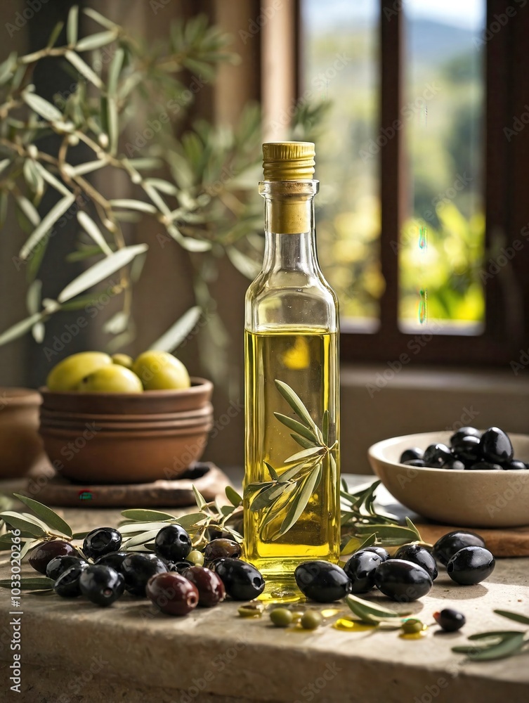 A glass bottle of olive oil sits on a stone countertop, with a small pile of green and black olives next to it. A glass bottle of olive oil sits on a stone countertop, with a small pile of green and black olives next to it.