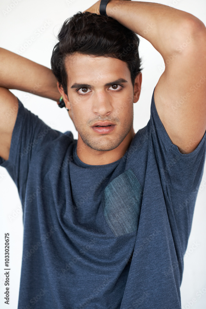Portrait, confident and man in studio, fashion and serious with outfit, trendy and stylish with clothes. White background, student and model with tshirt, proud and person in college, cool and Cuba Portrait, confident and man in studio, fashion and serious with outfit, trendy and stylish with clothes. White background, student and model with tshirt, proud and person in college, cool and Cuba