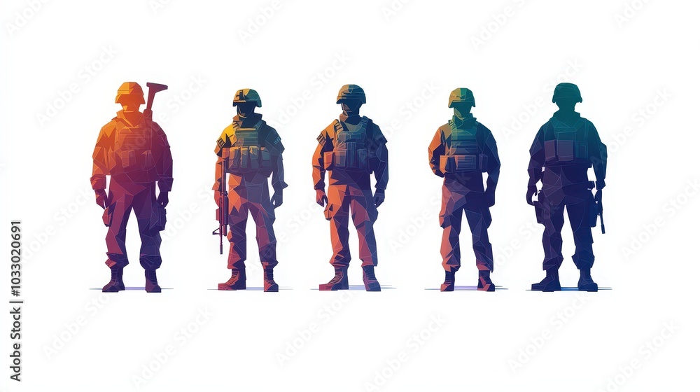 Naklejka premium Military Army Man Game Assets Divider Icons Collection - Minimalist Low Poly Toyism Imagery on White Background