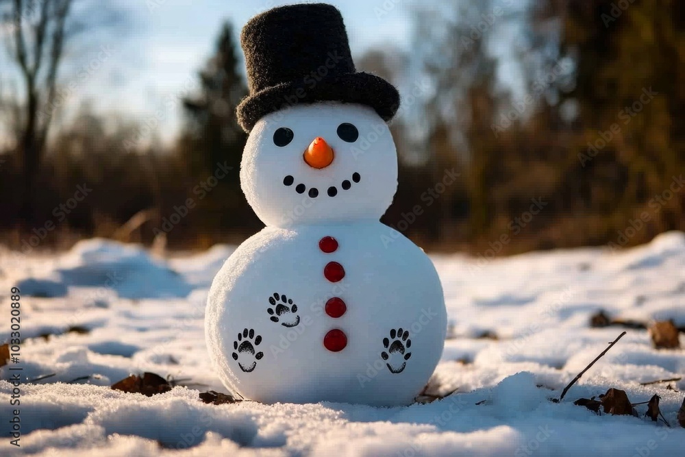 Obraz premium Snowman with animal footprints around it, standing in a quiet winter forest
