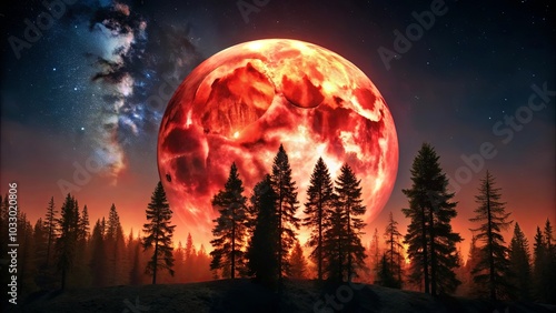 Wallpaper Mural A Crimson Orb Dominates the Night Sky, Casting an Eerie Glow on the Silhouetted Forest Below Torontodigital.ca