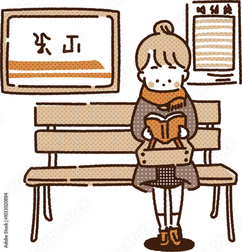 駅のホームですきま時間に勉強・読書する女の子