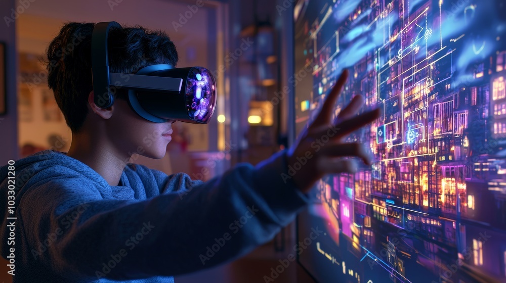 A virtual reality game designer building an immersive environment, using a holographic interface to adjust game assets A virtual reality game designer building an immersive environment, using a holographic interface to adjust game assets