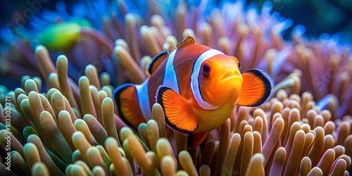 A vibrant orange and white fish with black outlines swims through a bed of colorful sea anemones, its scales glistening in the underwater light.