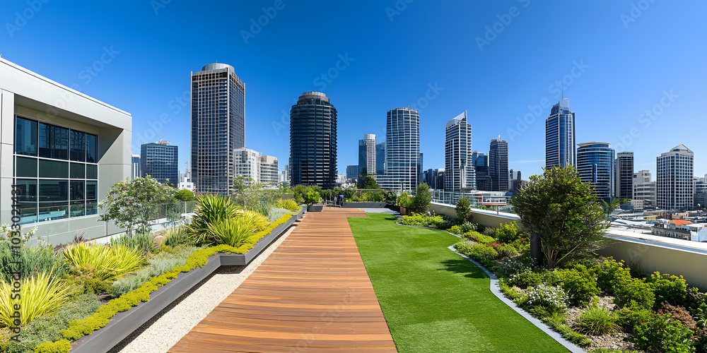 Fototapeta premium Jardim na cobertura estiloso com vistas panorâmicas da cidade