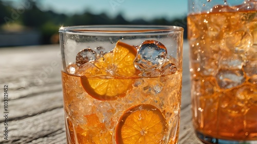 Bright and fizzy orange soda in a glass with ice photo