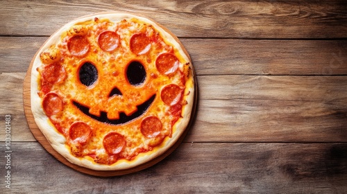 Halloween pizza with a spooky pumpkin smiling face. Overhead view