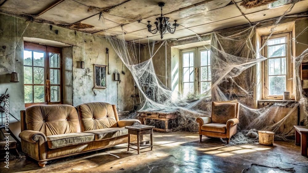 Obraz premium Sunlight Streams Through Dusty Windows in an Abandoned Room, Cobwebs Draped Across Furniture, Evoking a Sense of Time's Unrelenting Passage