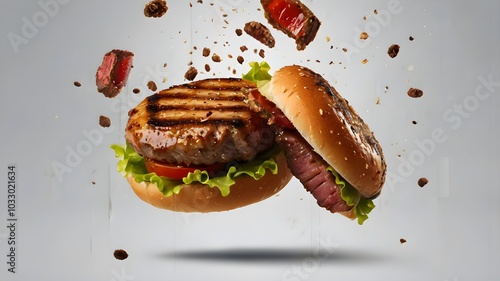 Falling grilled hamburger meat falling on white background photo