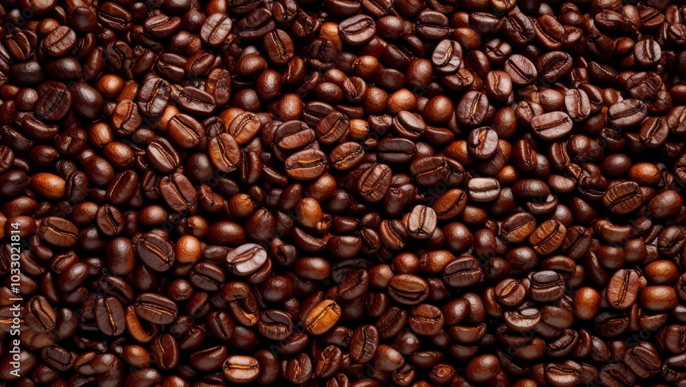 Dense spread of roasted coffee beans filling the frame as a textured backdrop Dense spread of roasted coffee beans filling the frame as a textured backdrop