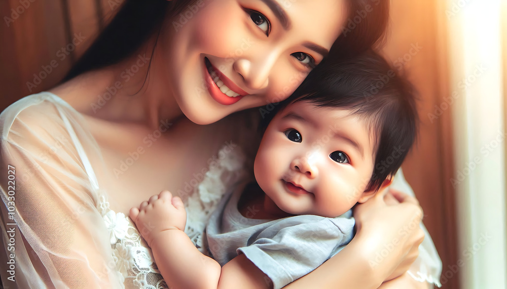 A joyful mother lovingly holds her baby, capturing the warmth of family and the beauty of childhood A joyful mother lovingly holds her baby, capturing the warmth of family and the beauty of childhood