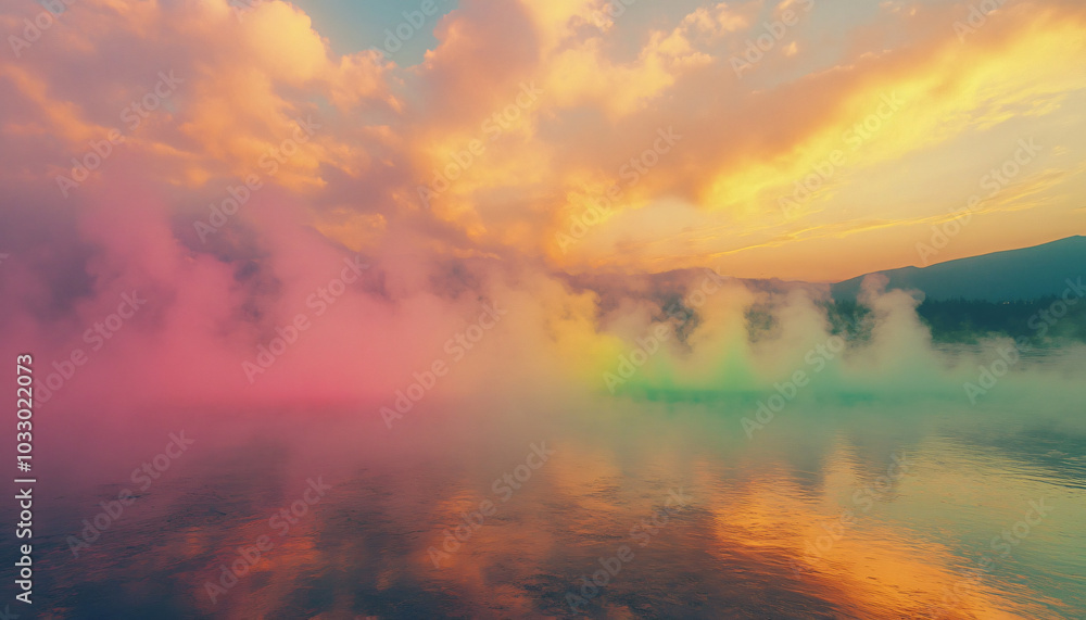 A field of geysers erupts at random intervals, releasing mist that changes color in response to sound A field of geysers erupts at random intervals, releasing mist that changes color in response to sound