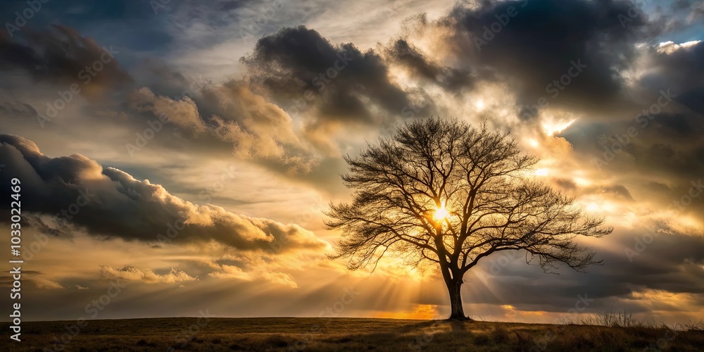 Obraz premium A Lone Tree Stands Silhouetted Against a Dramatic Sunset Sky, With Golden Rays of Light Piercing Through the Clouds
