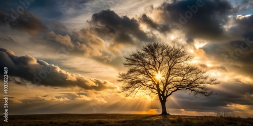 A Lone Tree Stands Silhouetted Against a Dramatic Sunset Sky, With Golden Rays of Light Piercing Through the Clouds