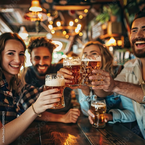 Happy friends group drinking beer at brewery bar restaurant, toasting bear glass, Thanksgiving day, Thanksgiving day celebration, Oktoberfest