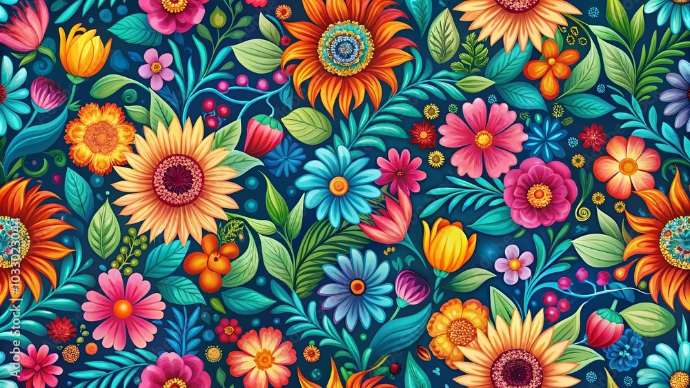 A vibrant tapestry of blooming flowers, leaves, and intricate patterns, bursting with color against a rich blue backdrop. A vibrant tapestry of blooming flowers, leaves, and intricate patterns, bursting with color against a rich blue backdrop.