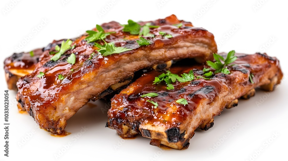 Delicious grilled pork ribs in BBQ sauce with herbs, isolated on white background. Delicious grilled pork ribs in BBQ sauce with herbs, isolated on white background.