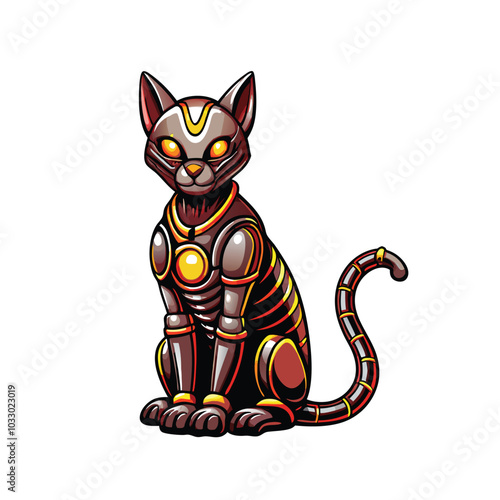 A robotic cat with smooth metal joints and a glowing yellow eyes.