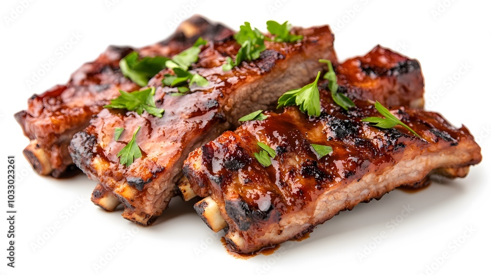 Delicious grilled pork ribs in BBQ sauce with herbs, isolated on white background. Delicious grilled pork ribs in BBQ sauce with herbs, isolated on white background.