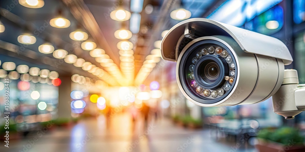 A Close-Up View of a Security Camera Lens Capturing the Blurred Activity of a Public Space A Close-Up View of a Security Camera Lens Capturing the Blurred Activity of a Public Space