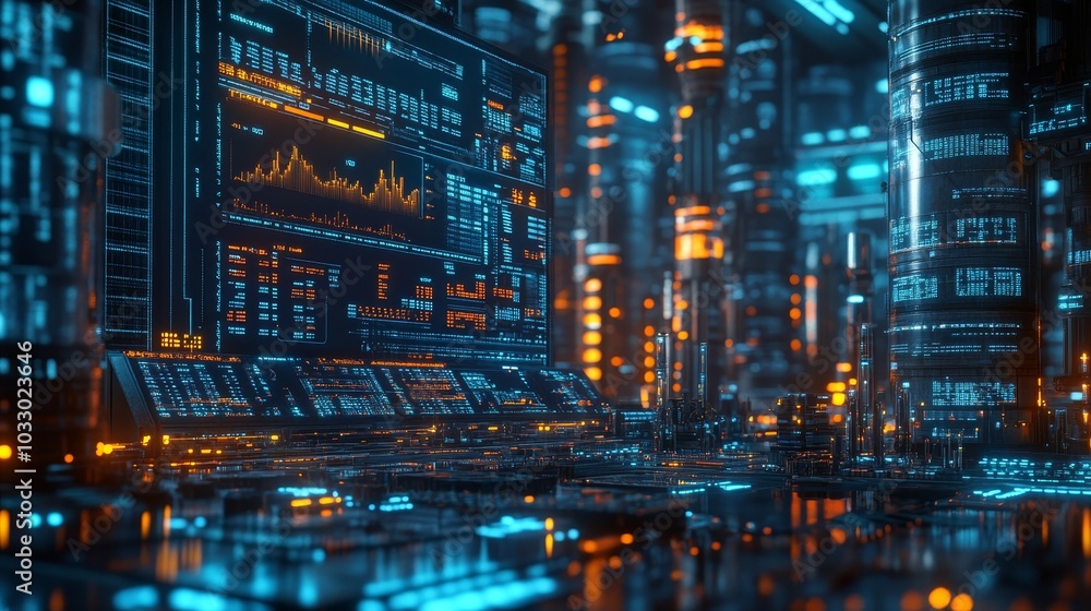 Barrels in a control room with fluctuating stock prices on holographic screens, glowing blue neon lights, intense focus on monitoring oil market, Cyberpunk, High-tech Barrels in a control room with fluctuating stock prices on holographic screens, glowing blue neon lights, intense focus on monitoring oil market, Cyberpunk, High-tech