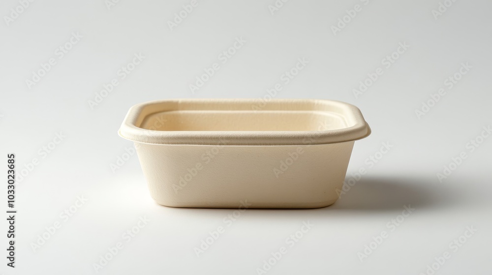 Biodegradable bagasse food container, sleek and smooth surface, displayed on a clean white background, natural organic material focus Biodegradable bagasse food container, sleek and smooth surface, displayed on a clean white background, natural organic material focus