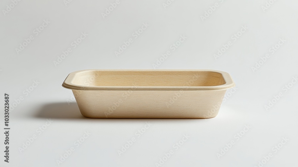 Biodegradable bagasse food container, sleek and smooth surface, displayed on a clean white background, natural organic material focus Biodegradable bagasse food container, sleek and smooth surface, displayed on a clean white background, natural organic material focus