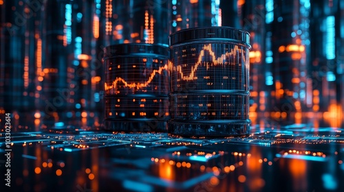 Barrels of oil surrounded by glowing digital stock charts fluctuating wildly, futuristic financial data overlay, dark metallic background, Cyberpunk, 3D render