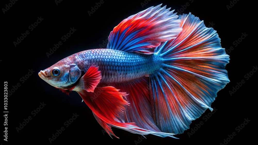 Fototapeta premium A vibrant fish with long flowing fins, a splash of color against a dark background.