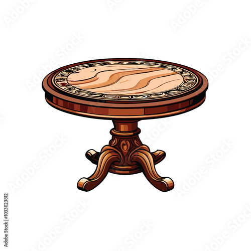 Illustration of a round dining table with a marble top and elegant wooden legs.